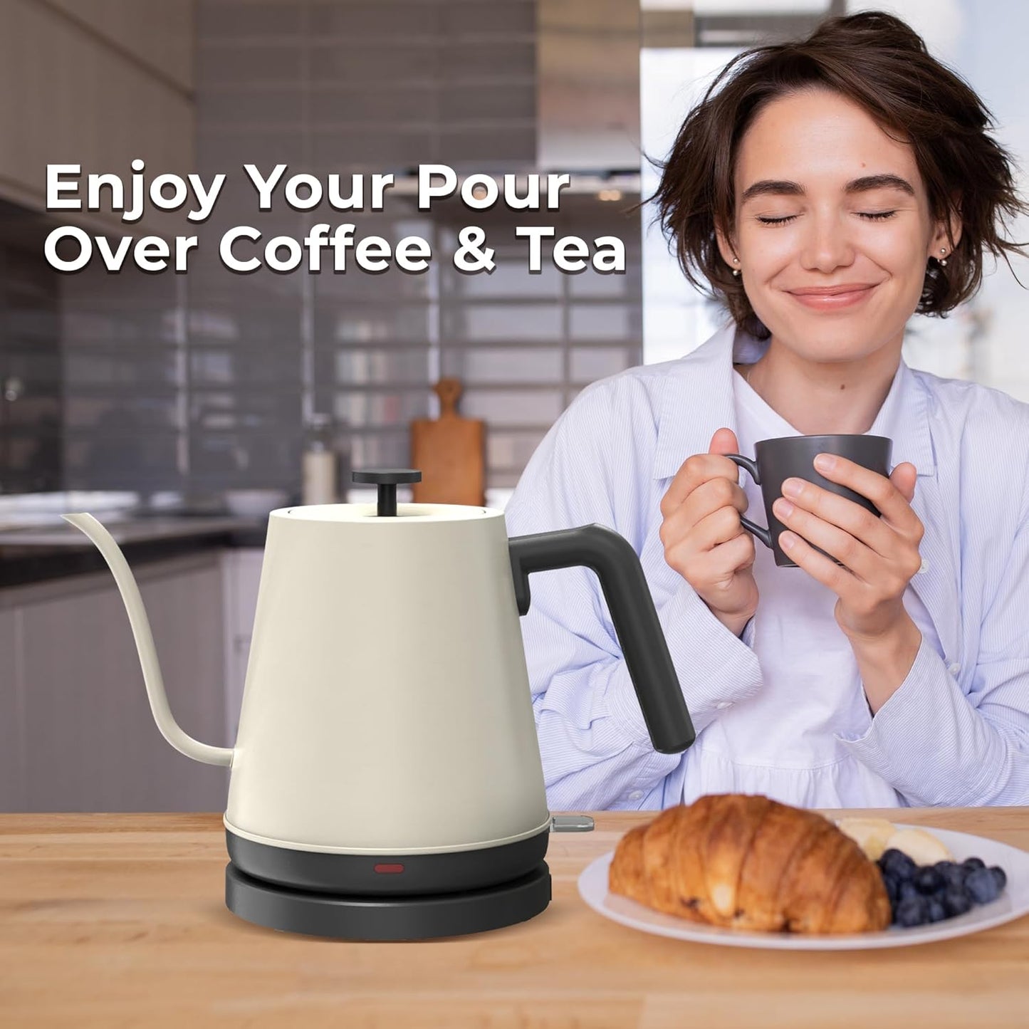 KLEAH Gooseneck Electric Kettle - 0.8L Automatic Shut Off Tea & Coffee Kettle, Hot Water Boiler Pour Over Coffee Kettle, 1200W Quick Heating Keep Warm, Bone White