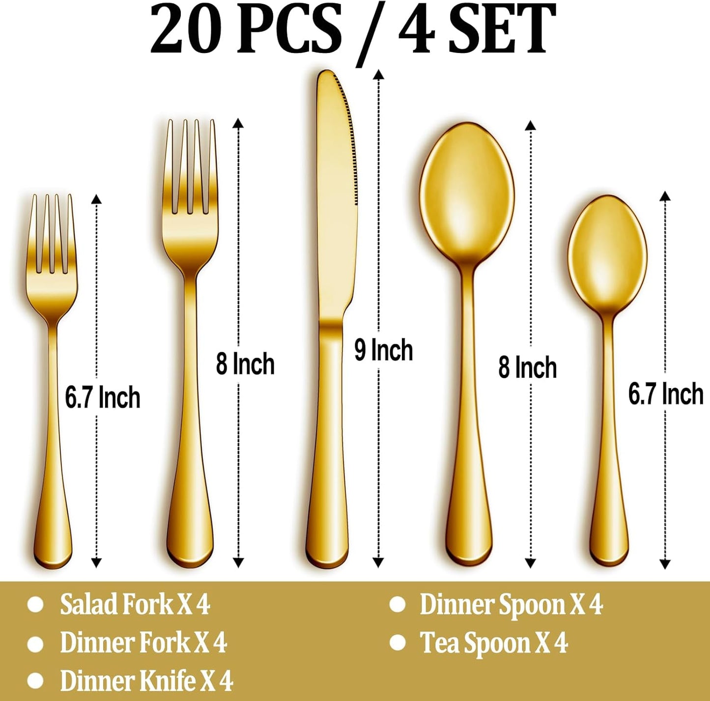 20 Pcs Gold Silverware Set Service for 4, Premium Stainless Steel Flatware Set, Cutlery Utensil Set, Durable Home Kitchen Eating Tableware Set, Include Fork Knife Spoon Set, Dishwasher Safe