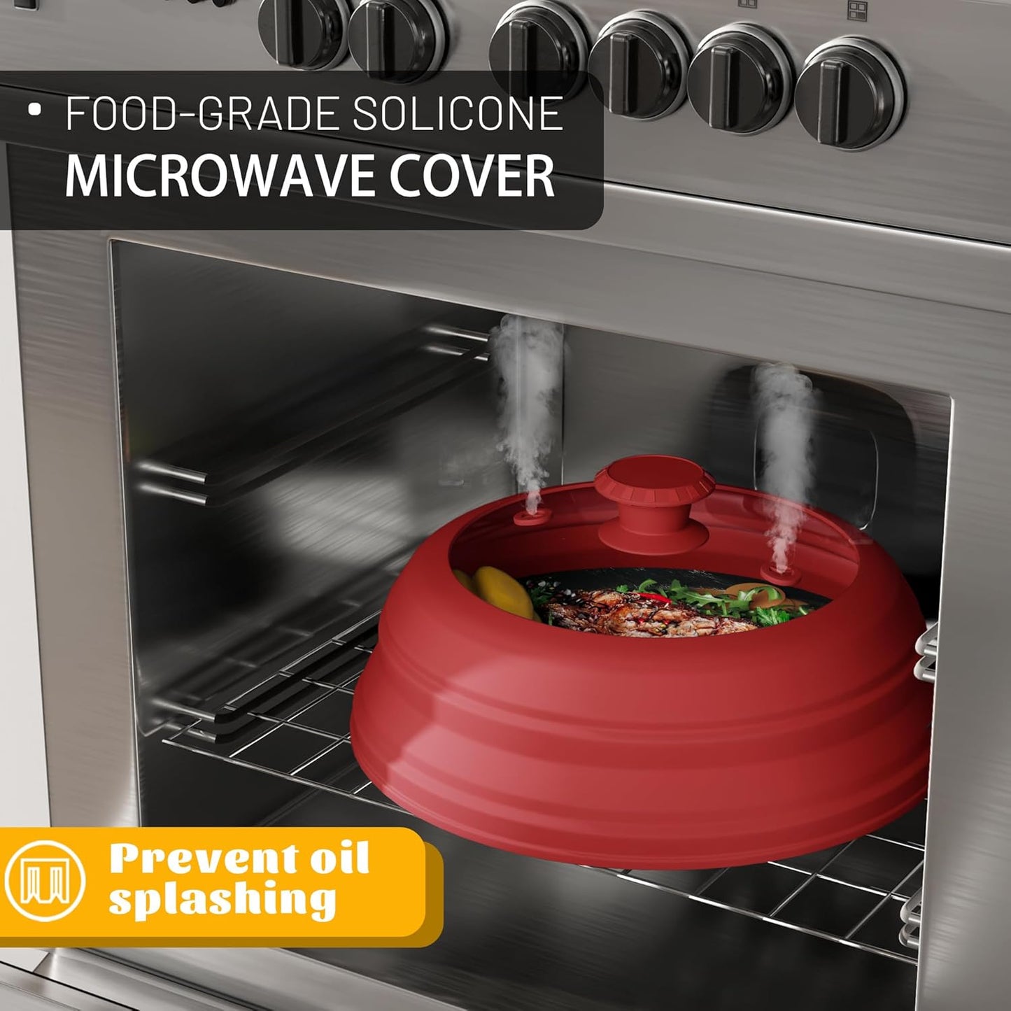 Collapsible Microwave Splatter Cover - Vented Silicone & Glass Lid with Easy-Grip Handle, Fits 6 to 10 Inch Plates & Bowls, 10.8 Inch Diameter, Prevents Splatters & Ensures Even Heating