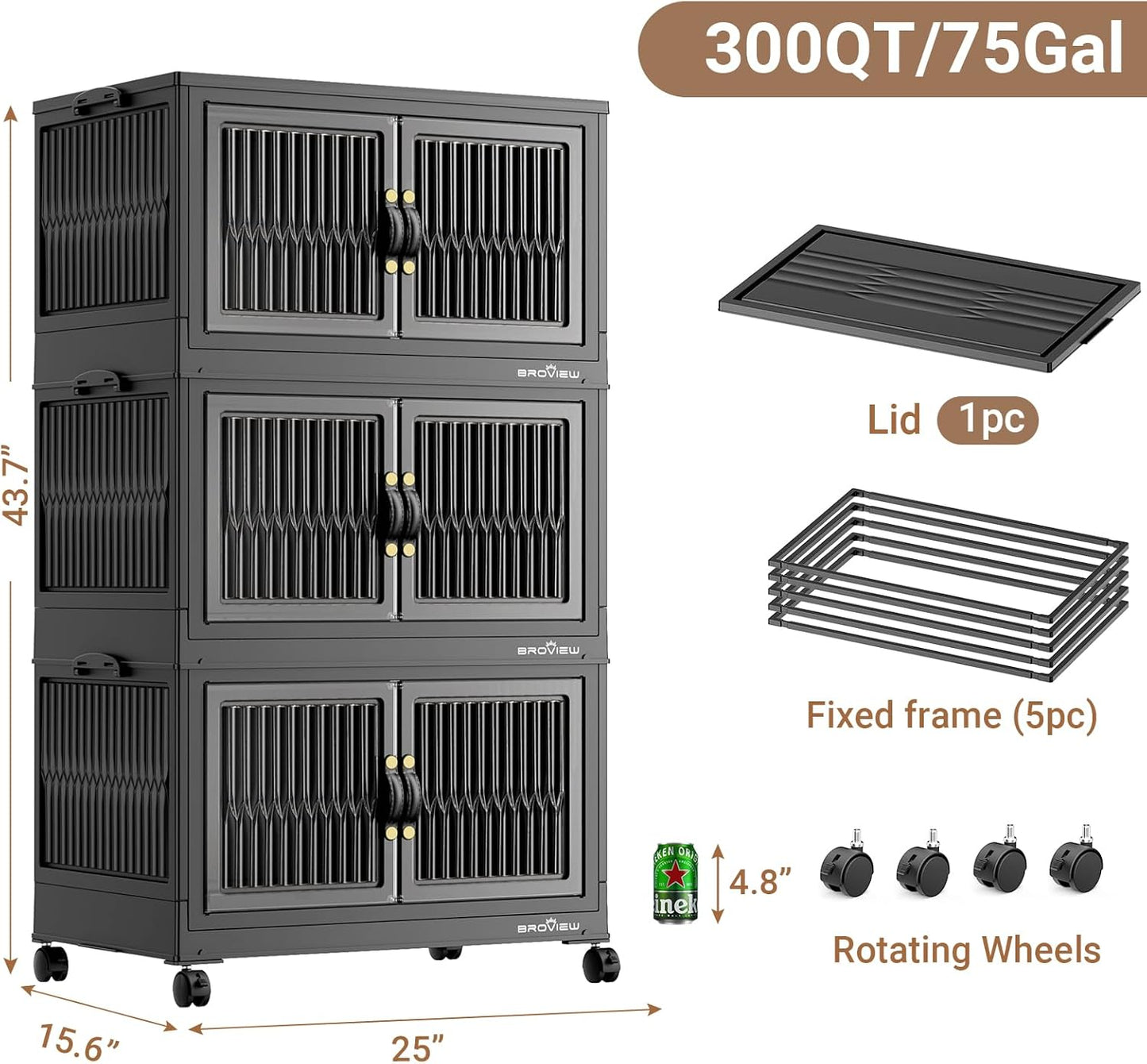 300Qt Stackable Storage Bins with Lid, Extra Large Closet Organizer Collapsible Drawer Boxes with Wheels, Folding Plastic Cabinet Containers for Home Kitchen Room Organization, 3Pack Black