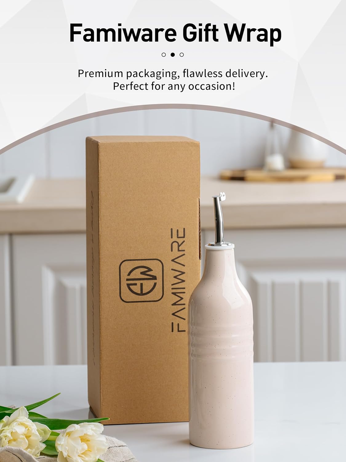 famiware Jupiter 16oz Ceramic Olive Oil Dispenser Bottle, Olive Oil and Vinegar Dispenser Bottle Set of 2 with Stainless Steel Pourers, Suitable for Storage Vinegar, Liquids, Light Pink & Light Green