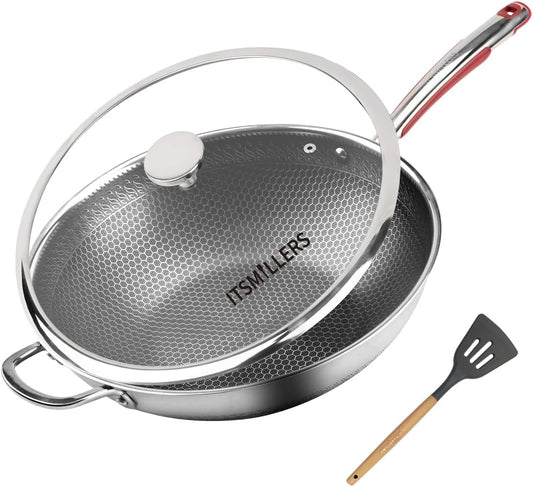 Tri-ply Stainless Steel Wok with Lid, 13.5'' PFOA Free Nonstick Stir Fry Pan, Induction Compatible, Dishwasher and Oven Safe, Scratch-resistant Surface
