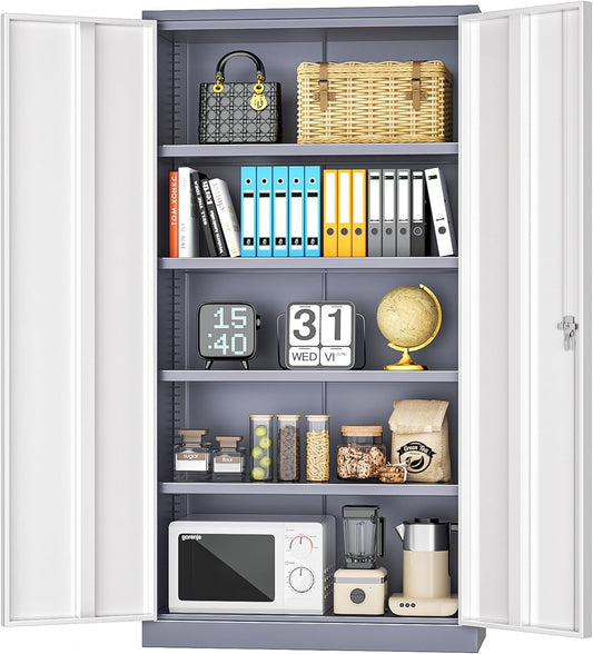 INTERGREAT Metal Garage Storage Cabinet, Black Lockable File Cabinet with 2 Doors and 4 Adjustable Shelves, Tall Steel Tool Cabinets for Office, Home, Garage, School, Gym