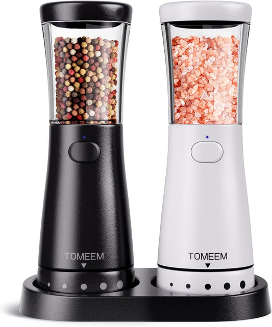 Electric Salt and Pepper Grinder Set with Storage Base, Stainless Steel Rechargeable Salt and Pepper Grinder Set with 4.5 oz Large Capacity, 1.8" Wide Mouth, Adjustable Coarseness, Ideal for Kitchen