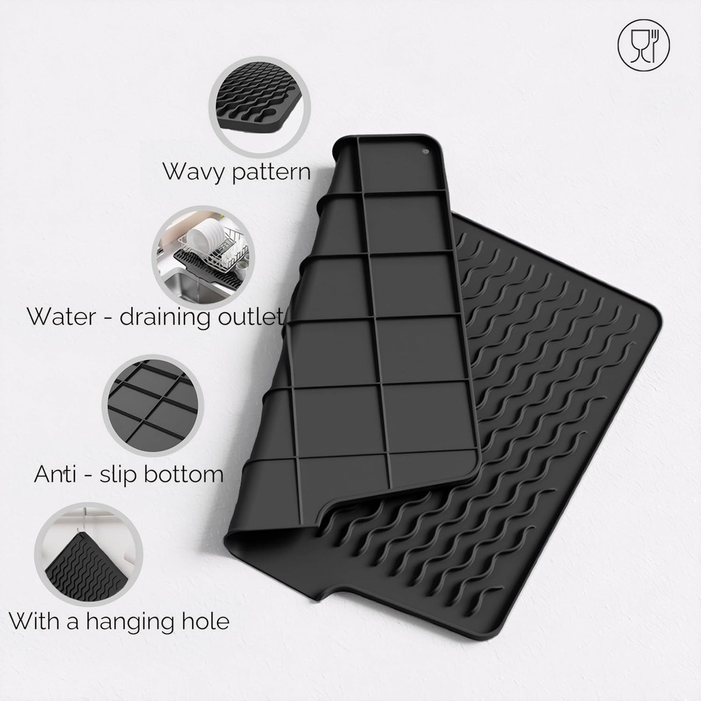 Dish Drying Mat with Drain, Silicone Mat for Kitchen Counter, Non-Slip Drainer Mat for Kitchen Sink, Countertop Dish Drying Rack, Heat Resistant Kitchen Accesories(Black, 15.6"x13")