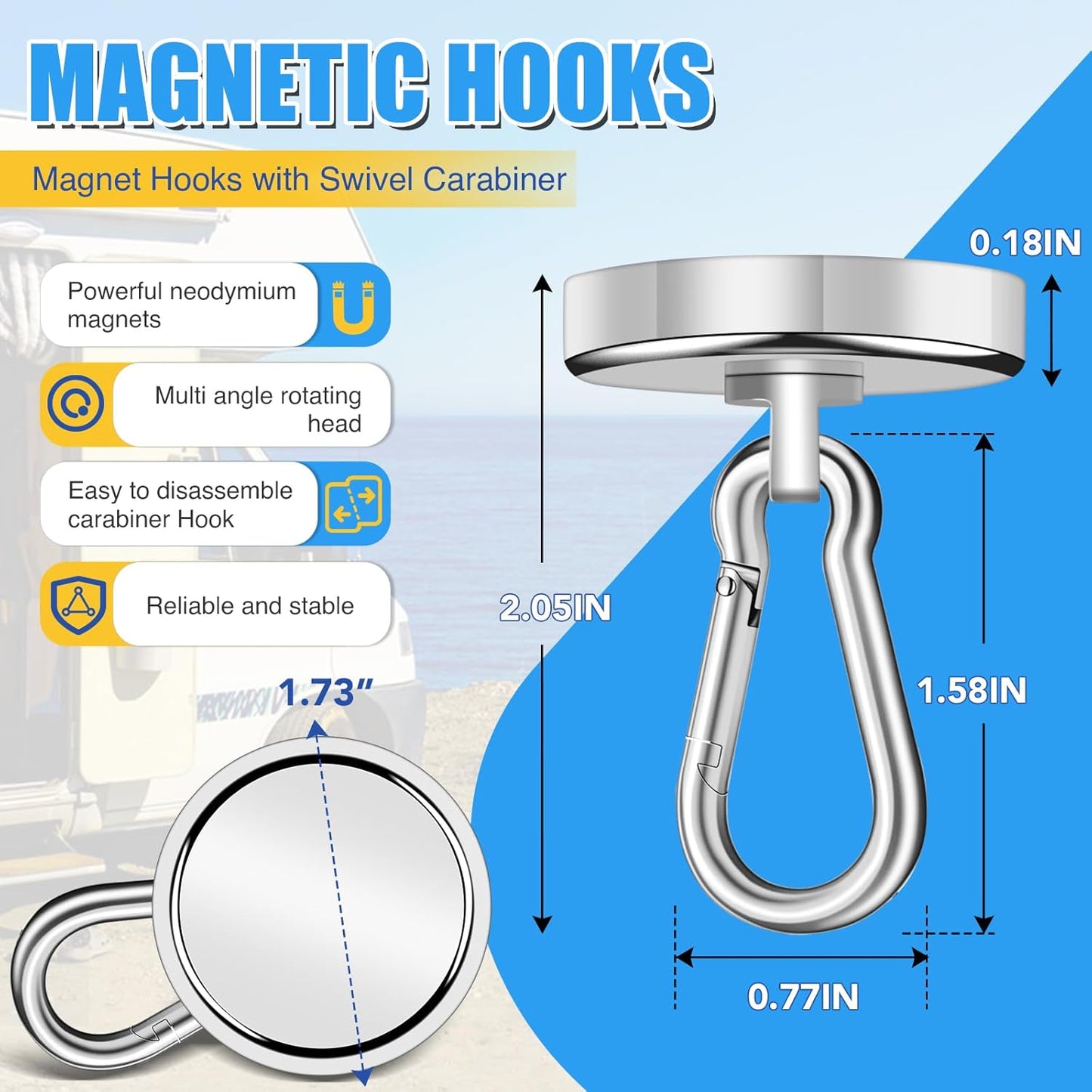 200Lbs Magnetic Carabiner Hooks, 2 Pack Strong Magnetic Hooks Heavy Duty with Swivel Carabiner for Cruise, Black Neodymium Magnet Hooks Magnetic Wall Hanger for Hanging, Toolbox, Grill, Cabins