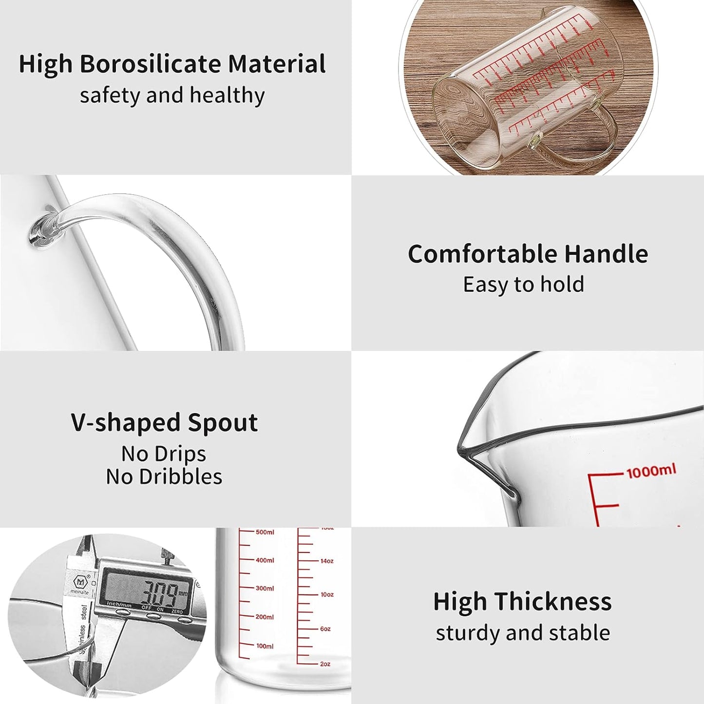 Luvan 34OZ/1000ML Glass Measuring Cup, 4 Cup Glass Measuring Cups With 3 Scales (Ml/Oz/Cup), High Borosilicate Measuring Cup With Handle and V-Shaped Spout, Dishwasher/Freezer/Microwave Safe