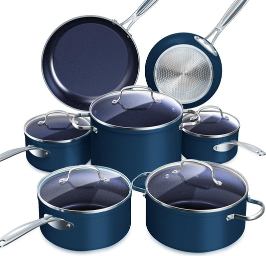 Nuwave Healthy Duralon Blue Ceramic Nonstick Cookware Set, Diamond Infused Scratch-Resistant, PFAS Free, Dishwasher & Oven Safe, Induction Ready & Evenly Heats, Tempered Glass Lids & Stay-Cool Handles