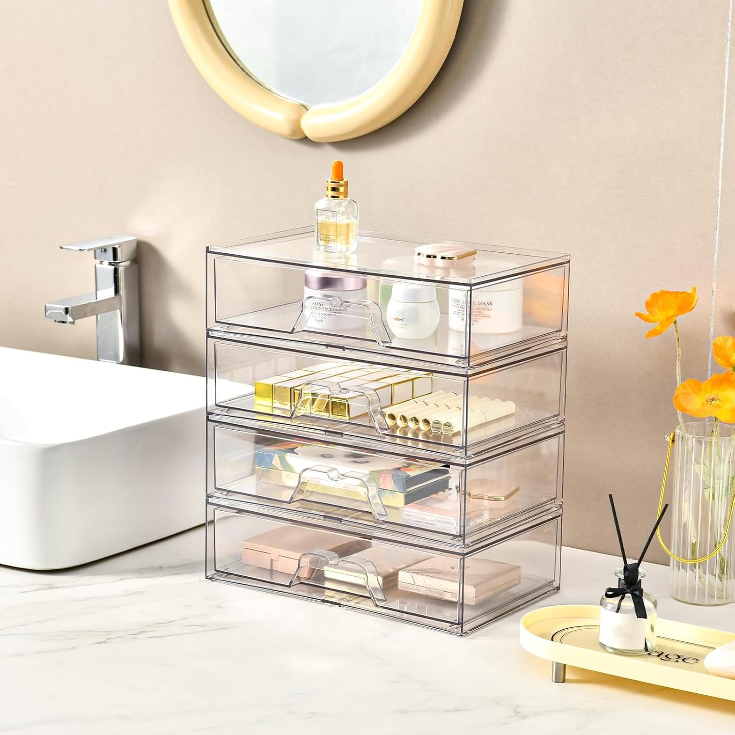 3 Pack Stackable Makeup Organizer, 12.1''L Acrylic Bathroom Organizer and Storage Undersink Drawer, Cosmetics and Beauty Supplies,Clear Plastic Storage Bins for Vanity,Pantry,Desk,Cabinet,Kitchen