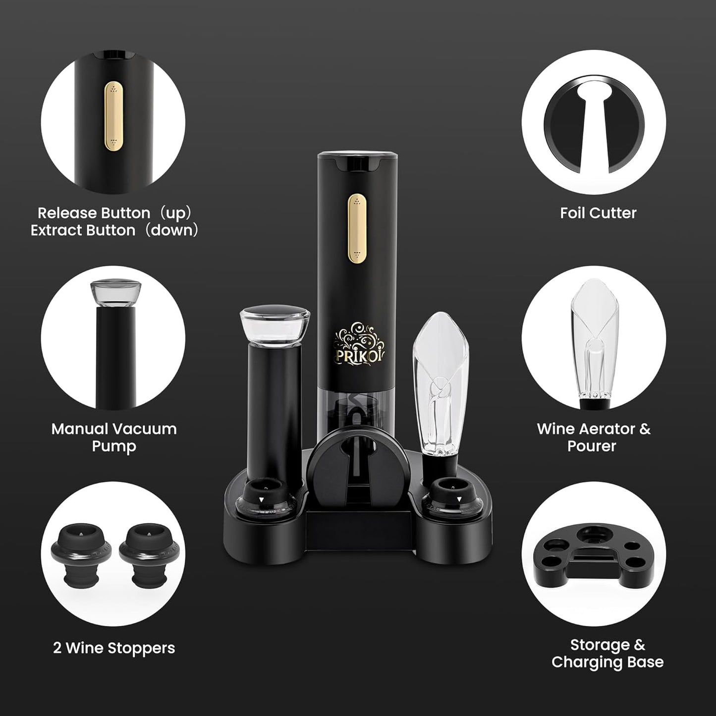 Electric Wine Opener Set with Charging Base, Automatic Cordless Wine Bottle Opener with Aerator & Pourer, Foil Cutter, Vacuum Pump, and Stoppers for Home Party Christmas Day