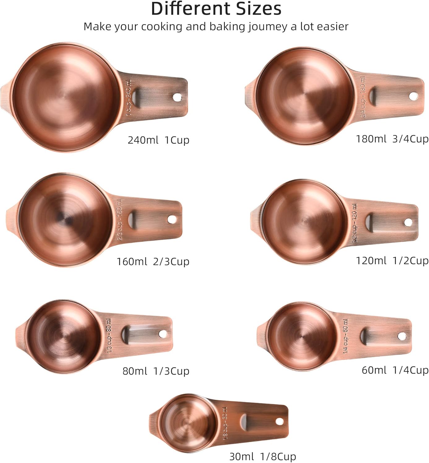 Copper Measuring Cups Set, 7-Piece Stainless Steel Measuring Cups Set, Metric&US Metal Measure Tools with 1/8, 1/4, 1/3, 1/2, 2/3, 3/4&1 Measure Cup for Dry & Liquid Ingredients During Baking