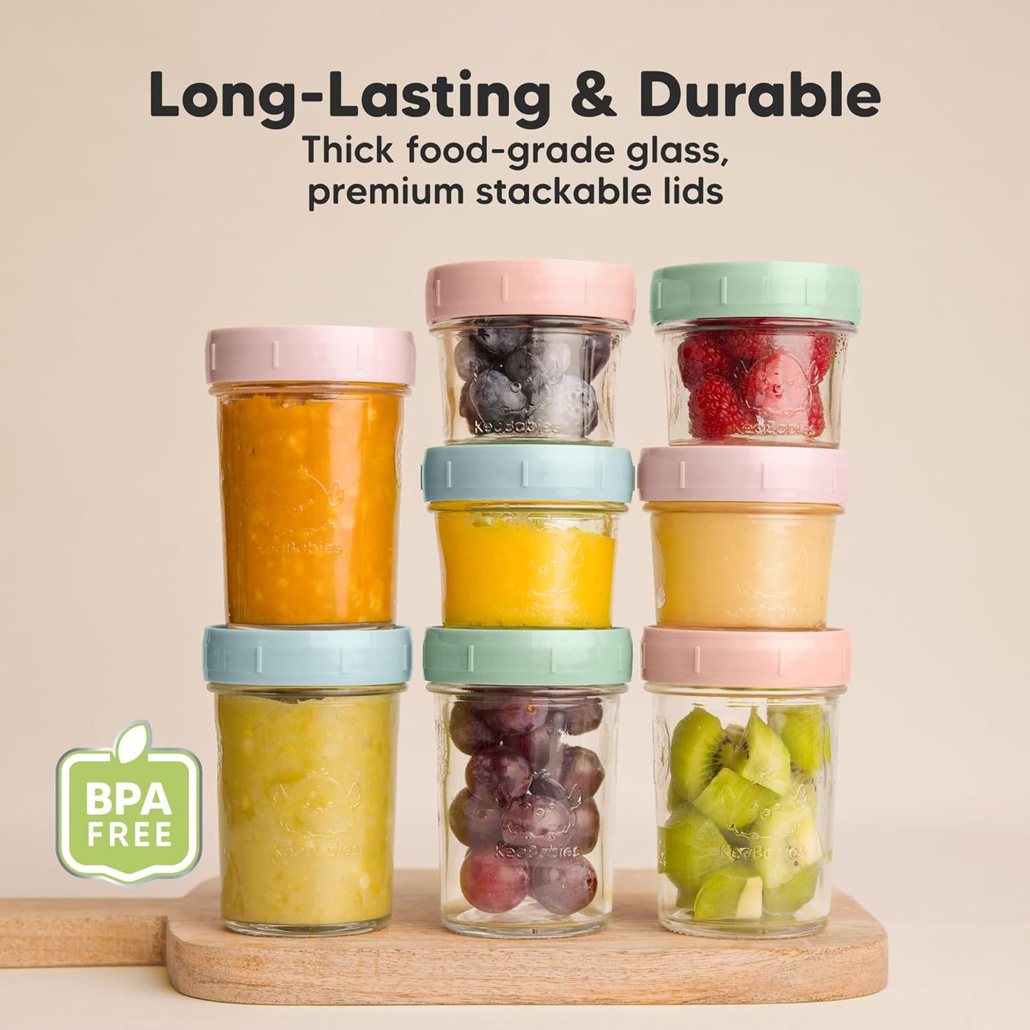 KeaBabies 4pk 8oz Glass Baby Food Containers with Lids - Leak-Proof, Microwavable Small Glass Jars, Baby Purees & Toddler Snack Storage Containers, BPA-Free, Dishwasher & Freezer Safe (Musk Dusk)