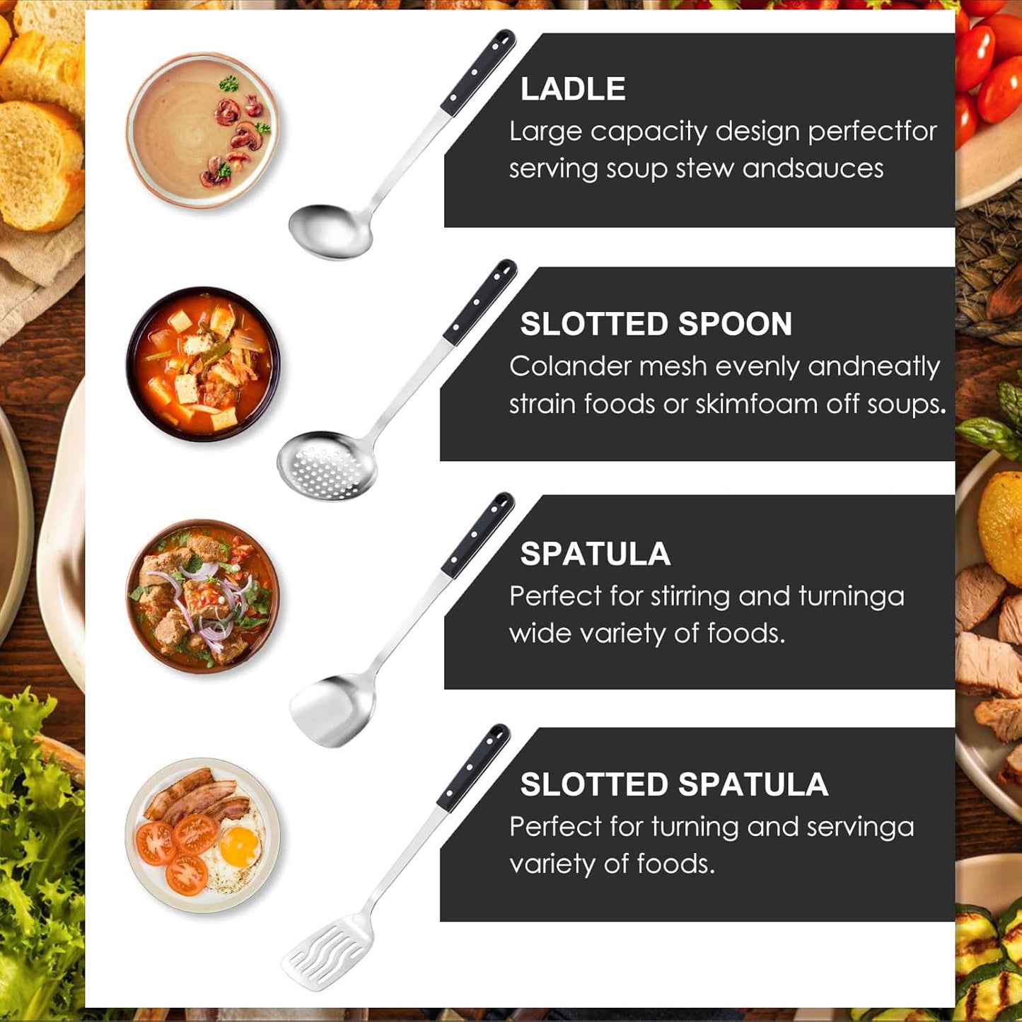 Pleafind 4-Pcs Cooking Utensils Set, Stainless Steel Kitchen Utensils, Mirror Polished Kitchen Essentials Set Include Wok Ladle, Slotted Spoon, Wok Spatula ＆Slotted Spatula, Dishwasher Safe