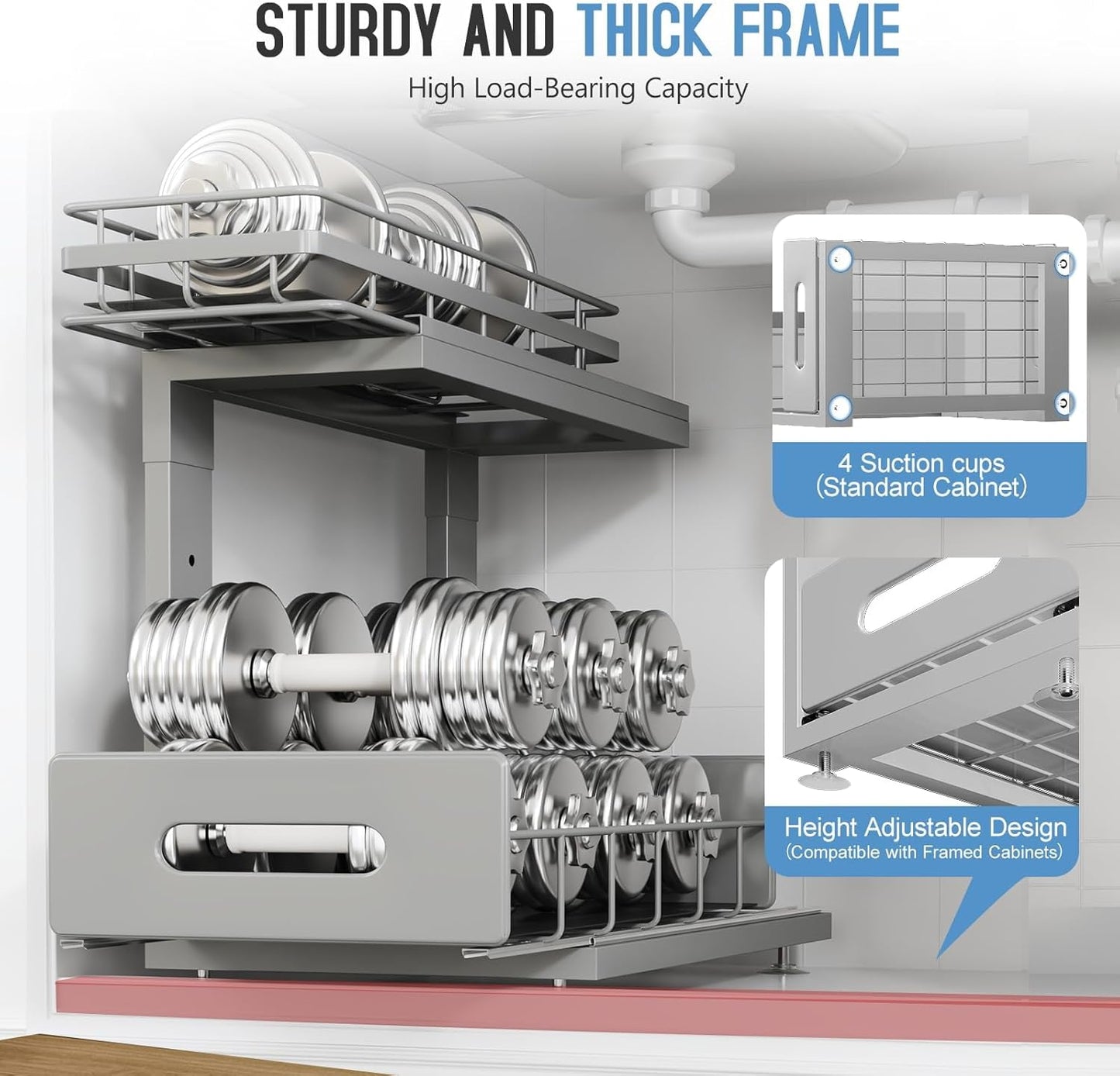 2 Pack Under Sink Organizer Upgrade to Professional Rails,2-Tier Dual Pull Out Cabinet Storage,Height Adjustable Slide Out Drawers for Bathroom Kitchen,Under Sink Shelf-Gun Gray