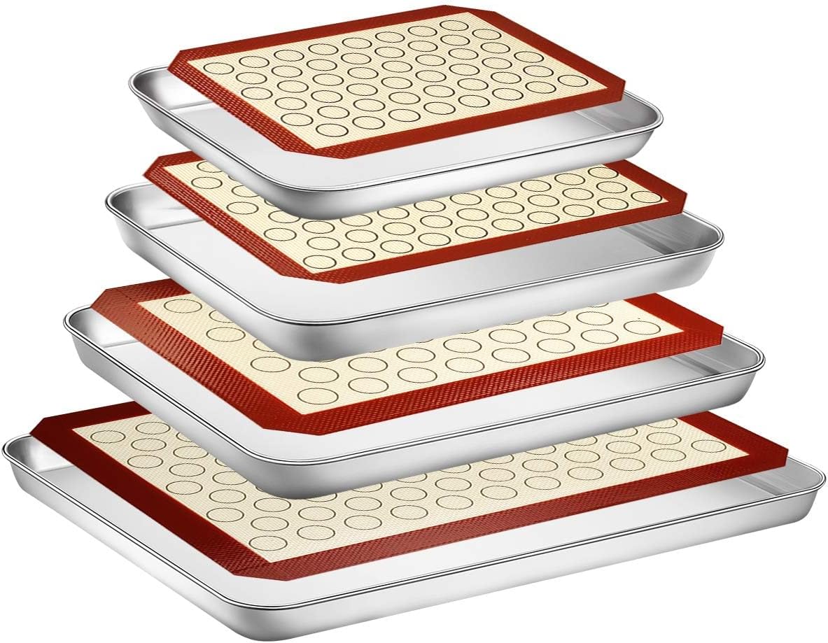Baking Sheet with Silicone Mat Set, Set of 8 (4 Sheets + 4 Mats), Stainless Steel Cookie Sheet Baking Pans with Reusable Silicone Baking Mat, Non Toxic & Heavy Duty & Easy Clean