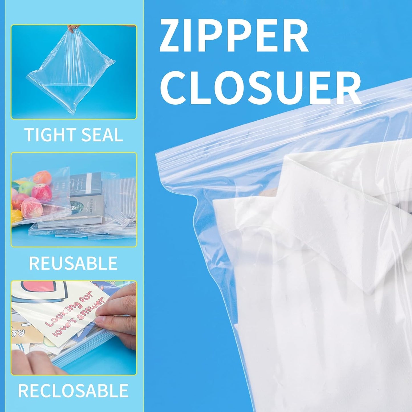 13" X 15" (30 Count) 2 Mil Clear Plastic Shirt Bags, Reclosable Large Poly Bags with Zip Seal for Travel, Storage, Packaging, Shipping