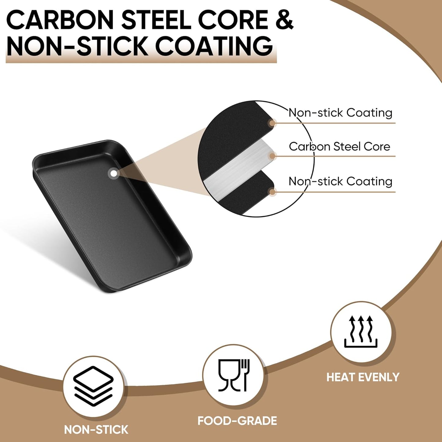 E-far Baking Sheet Set of 2, 9" x 7" x 1" Small Cookie Sheet Pan for Baking, Nonstick Carbon Steel Baking Trays for Toaster Oven, Heat-Resistant & Easy Clean, Black