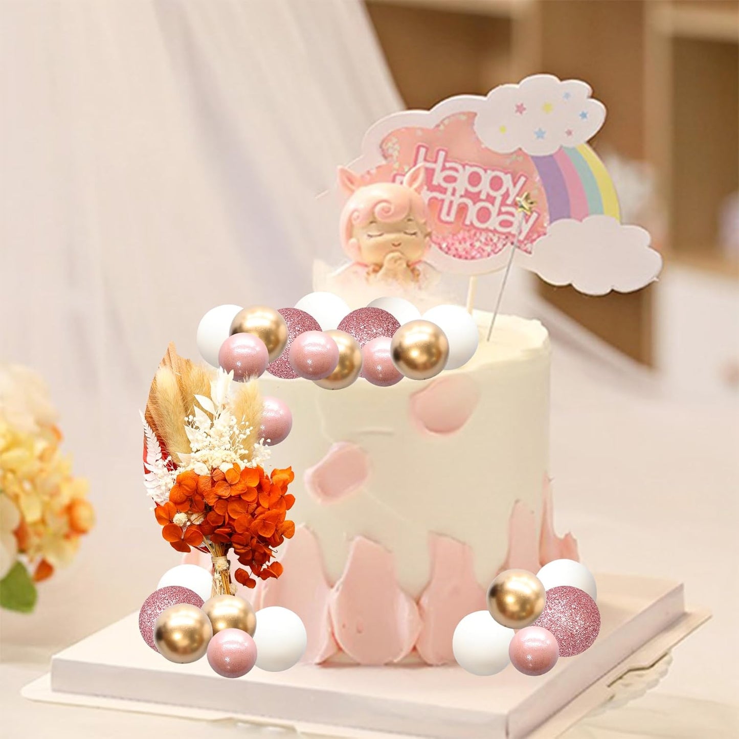 Gyufise 21 Pack Flower Boho Cake Topper Ball Cake Decorations Palm Leaves Plants Cake Decor for Girl Bohemian Princess Theme Wedding Baby Shower Birthday Party Supplies Rose Gold