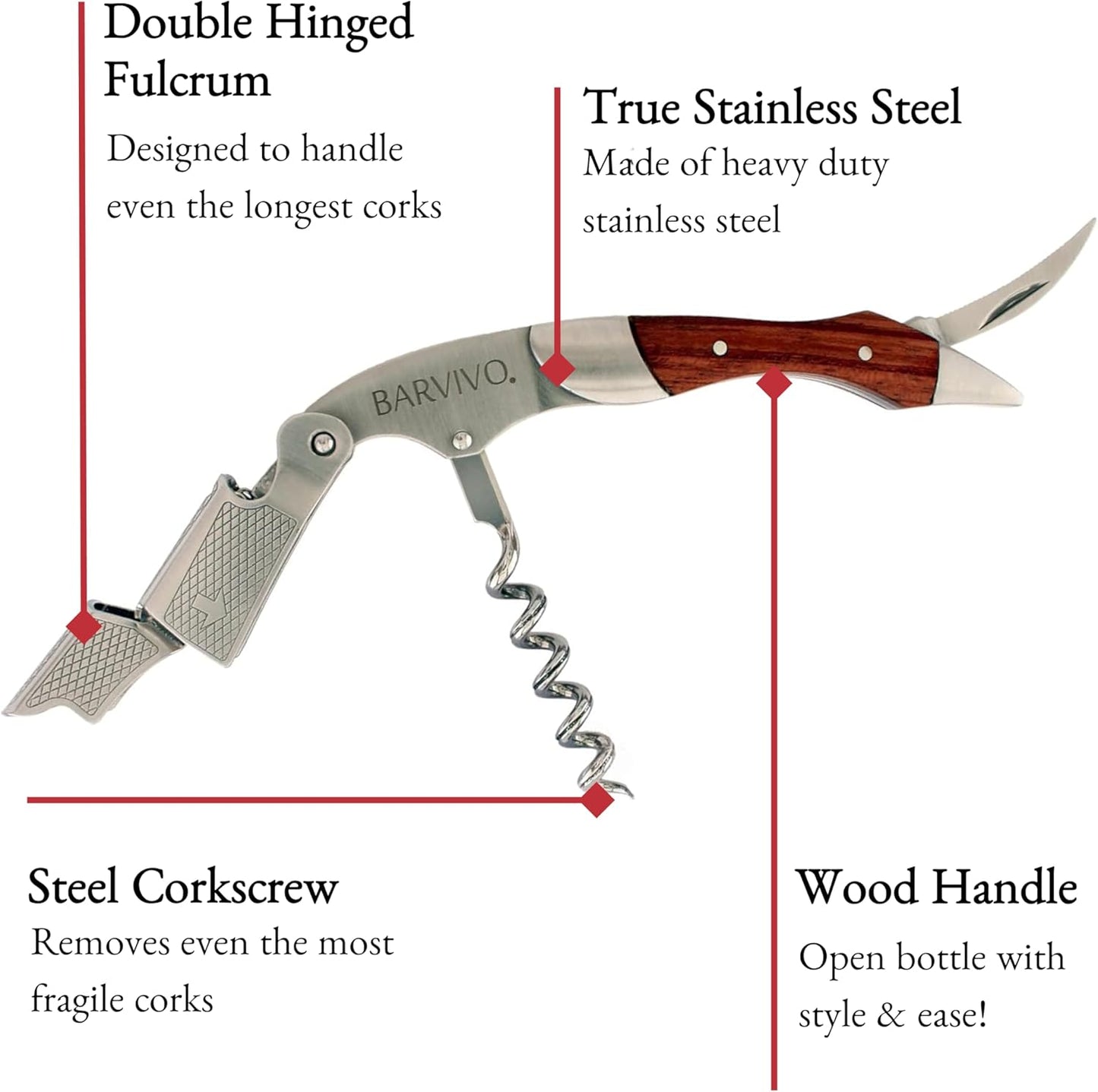 Barvivo Wine Bottle Opener with Double Hinged Corkscrew - 4.5-Inch Manual Wine Key with Foil Cutter and Cap Remover - Stainless Steel Bar Key Tool for Bartenders and Servers - Natural Rosewood Handle