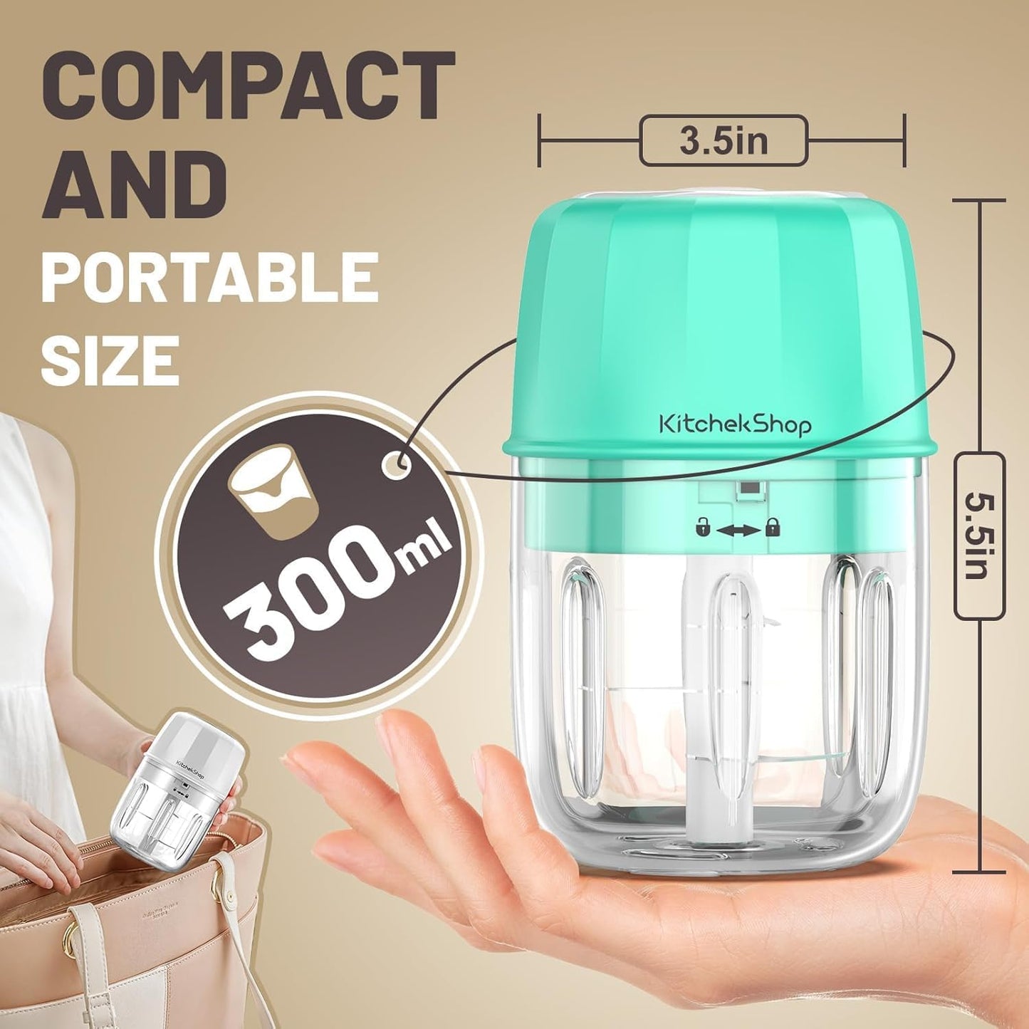 Rechargeable Portable and Cordless Mini Food Processor 300ML with Stainless Steel Blade, Electric Garlic Chopper Vegetable Chopper Blender for Nuts Chili Onion Minced Meat and Spices BPA-Free(Green)