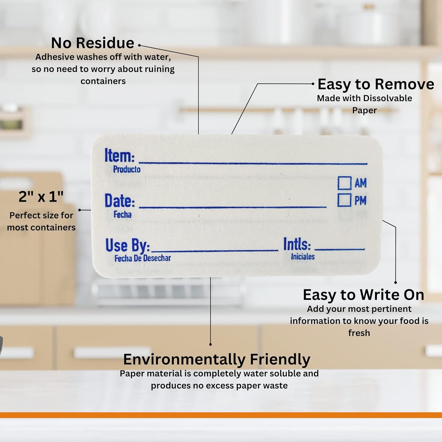 2x1 Dissolvable Food Labels, 250 Label Stickers, Bottle Labels for Storage Bins, Sticker Labels for Food containers, (250, Blue)