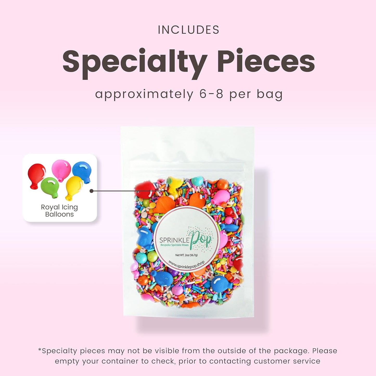 Sprinkle Pop Rainbow Birthday Sprinkle Mix| Red Orange Yellow Iridescent Rainbow Sprinkles with ~6 Royal Icing Balloons| Decorating Sprinkles Made in USA for Girl Boy Cakes Cookie Cupcake Donut, 2oz