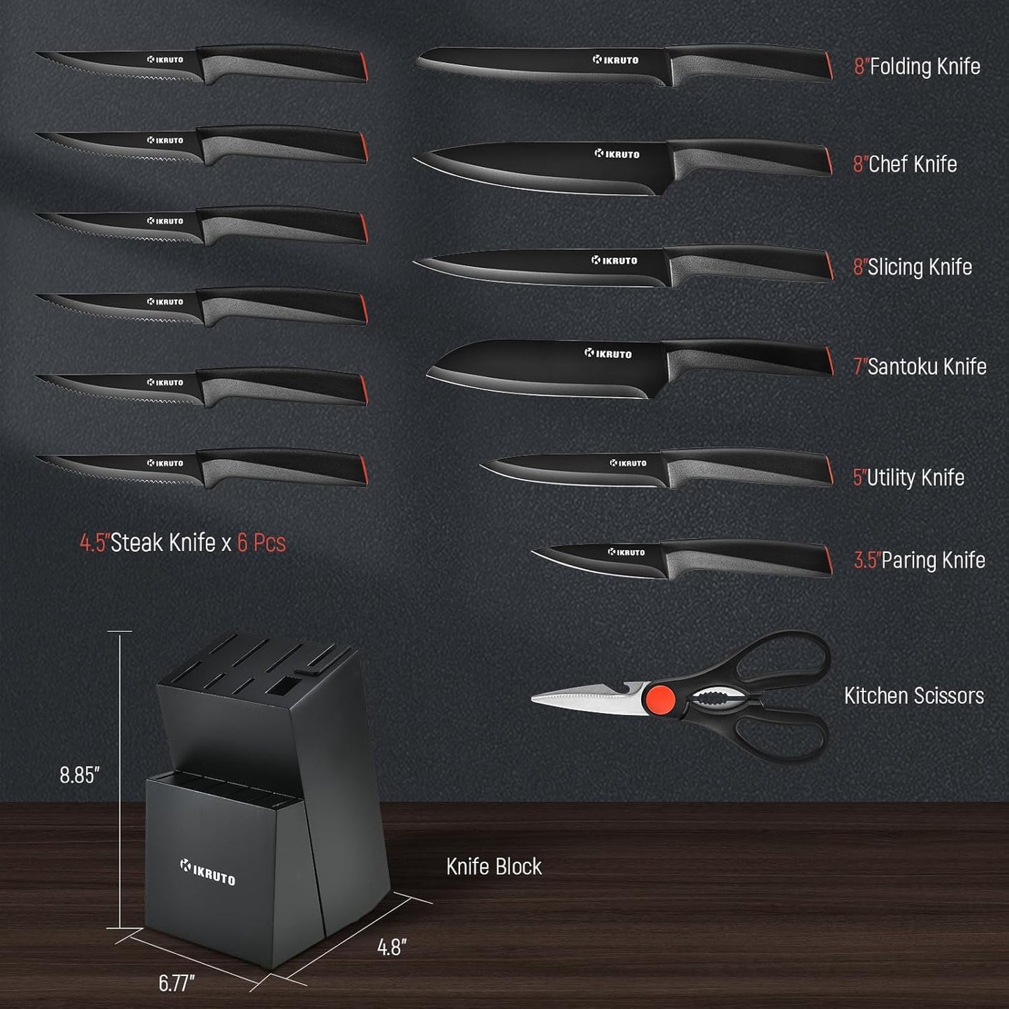 15-Piece Professional Kitchen Knife Set with Block – Built-in Sharpener, Anti-Slip Handles, Non-Slip Base – Effortless Cooking Tools for Chefs & Home Cooks (Black Red)