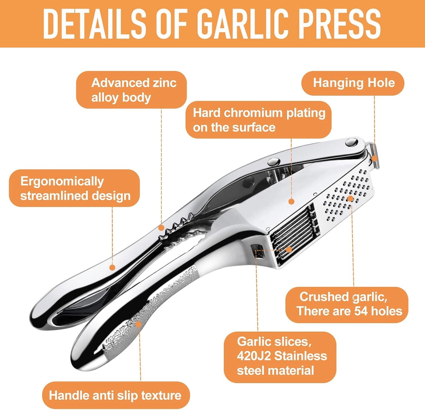 Garlic press and slicer 2 in 1,Effortlessly Crush, Slice, and Mince Garlic,with this Versatile Kitchen Tool - Perfect for Home Cooks and Professional Chefs Alike. (Silvery)