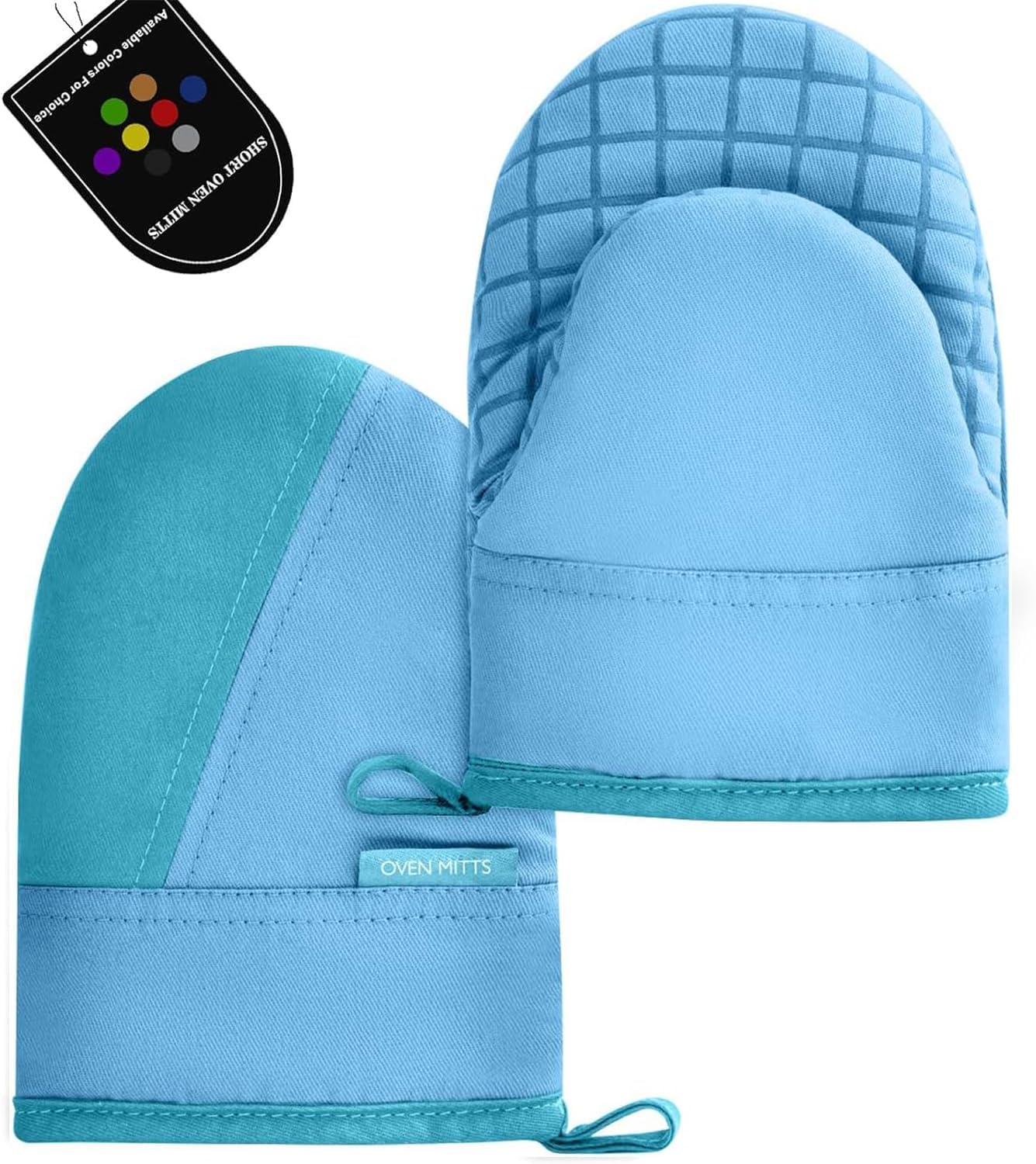 Mini Oven Mitts, Kitchen Oven Gloves Kitchen Mittens 500 Degrees Heat Resistant Baking Gloves, Non-Slip Silicone Surface with Hanging Loops Hot Gloves for Cooking, Baking, BBQ 1 Pair-Blue