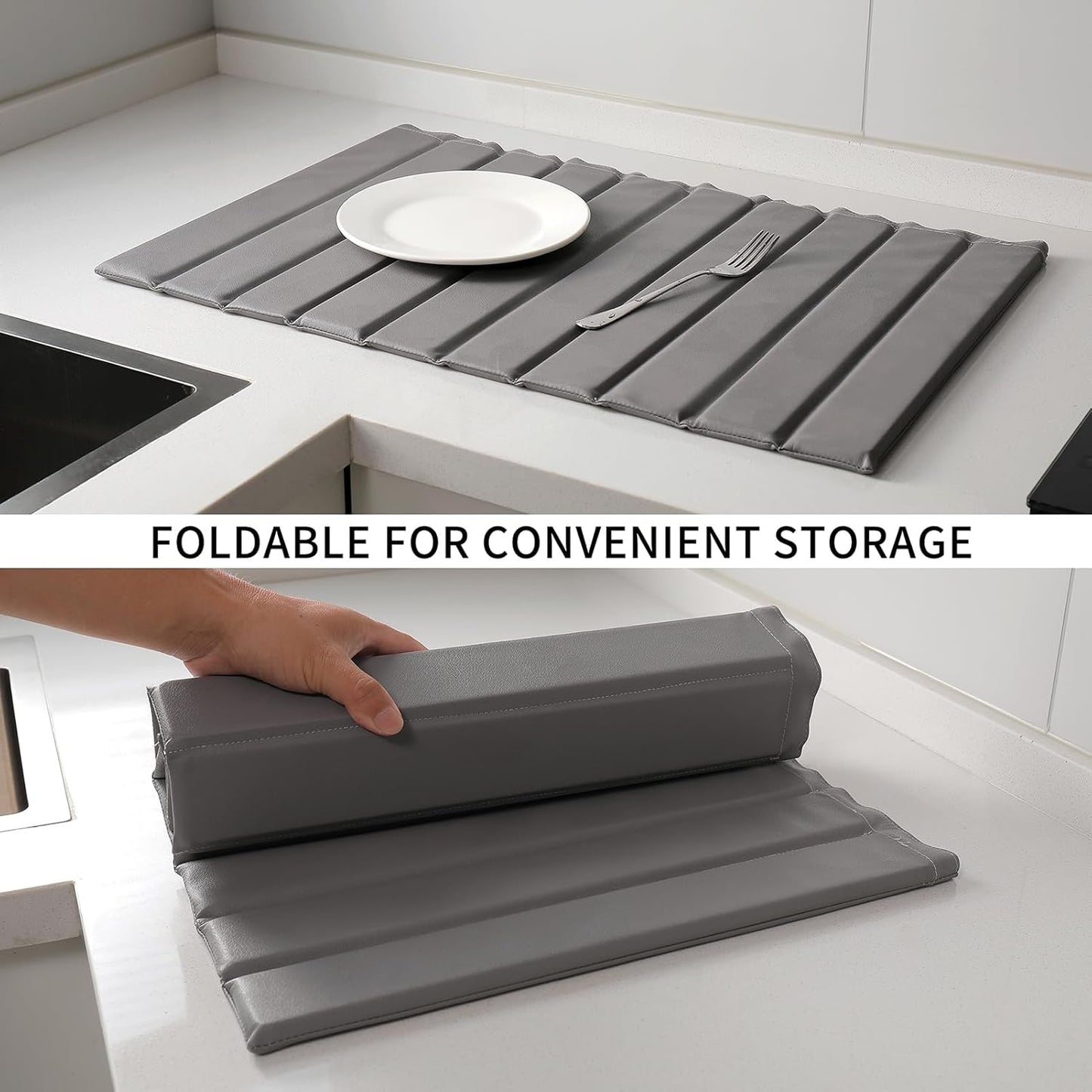 Stone Dish Drying Mat with PU Leather Surface for Kitchen Counter, Water-Absorbent Collapsible Roll up, Quick Dry, Non-Slip for Cups Dishes Bottles,Removable and washable(Medium Gray, 23.6”x15.4”)