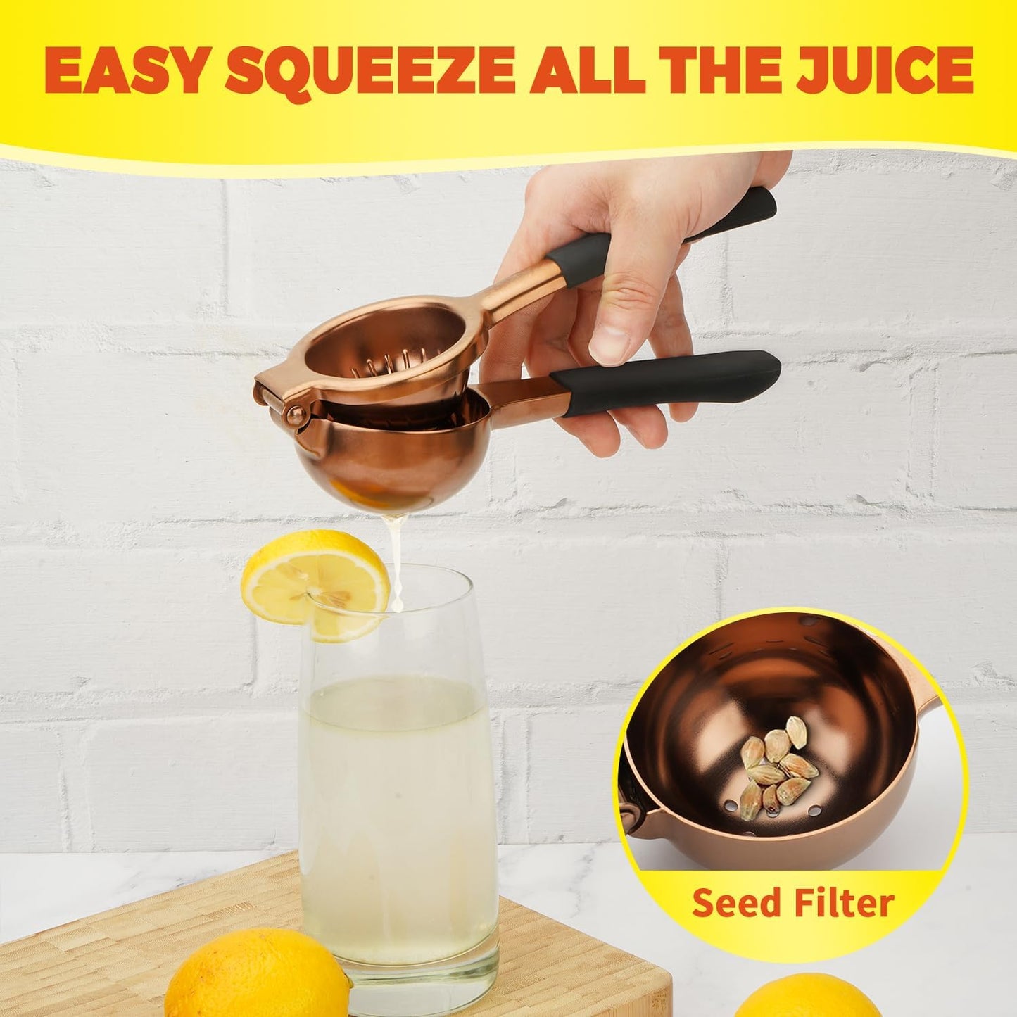 Lemon Squeezer,304 Stainless Steel Citrus Press Juicer,Non-Slip Grip Design Manual Juicer,Heavy Duty Manual Citrus Press Juicer & Lime Squeezer-Rose Gold & BLack
