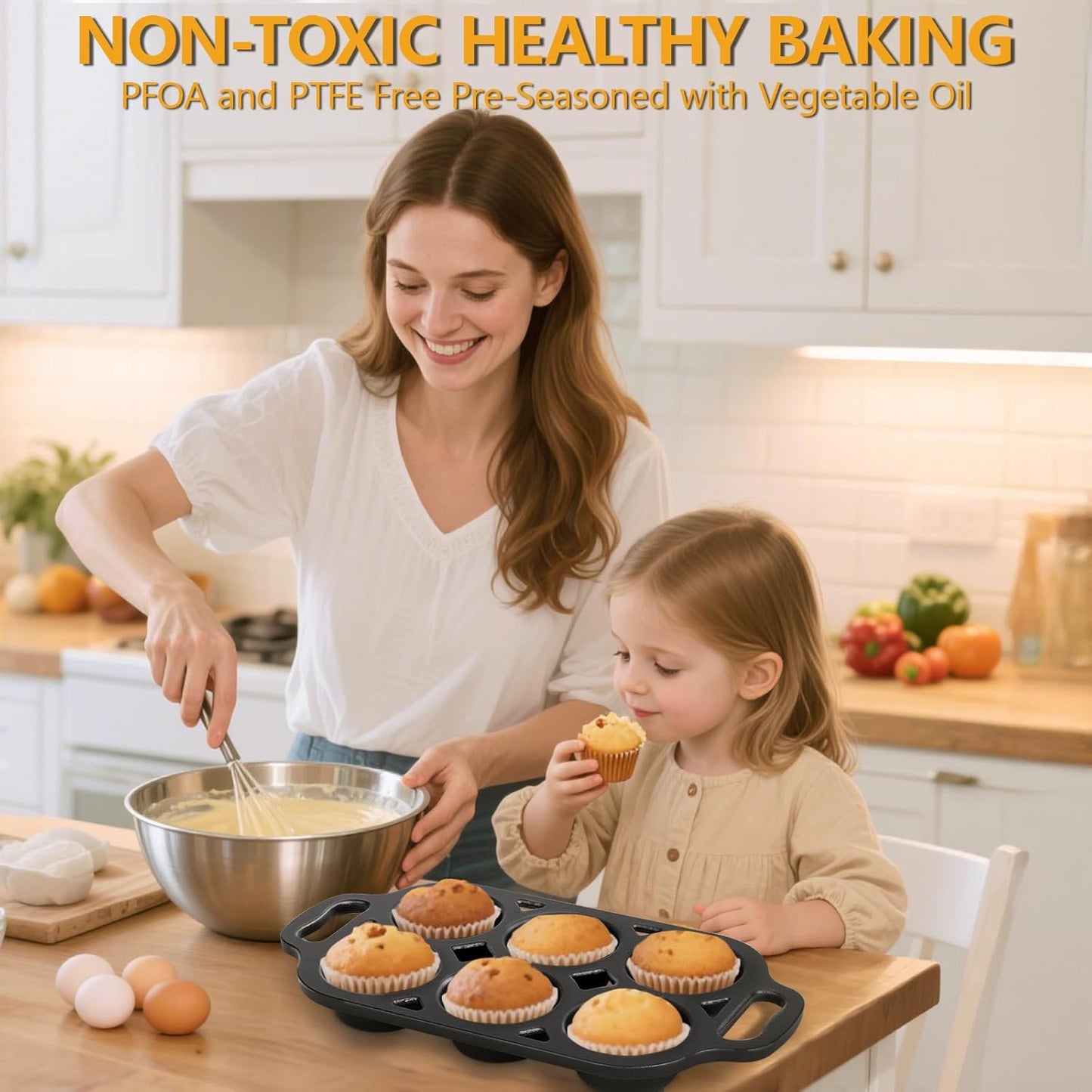 Pre-Seasoned Cast Iron Muffin Pan - 6-Cup Nonstick Cupcake Pan, 2 Piece Set