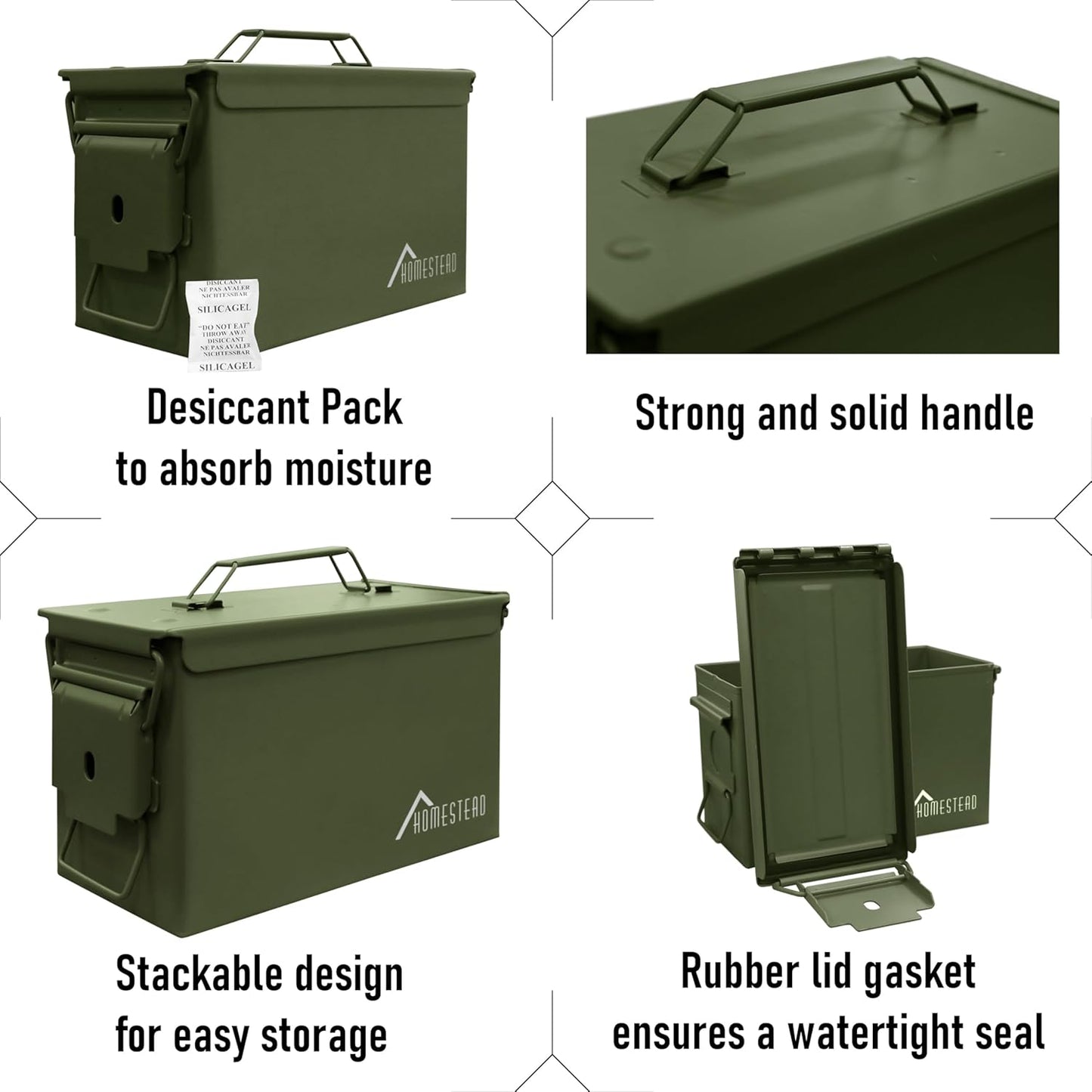 HOMESTEAD 50 Cal Metal Ammo Can – 4 Pack M2A1 Military Steel Ammo Storage Box, Airtight and Water-Resistant Ammunition, Green Color
