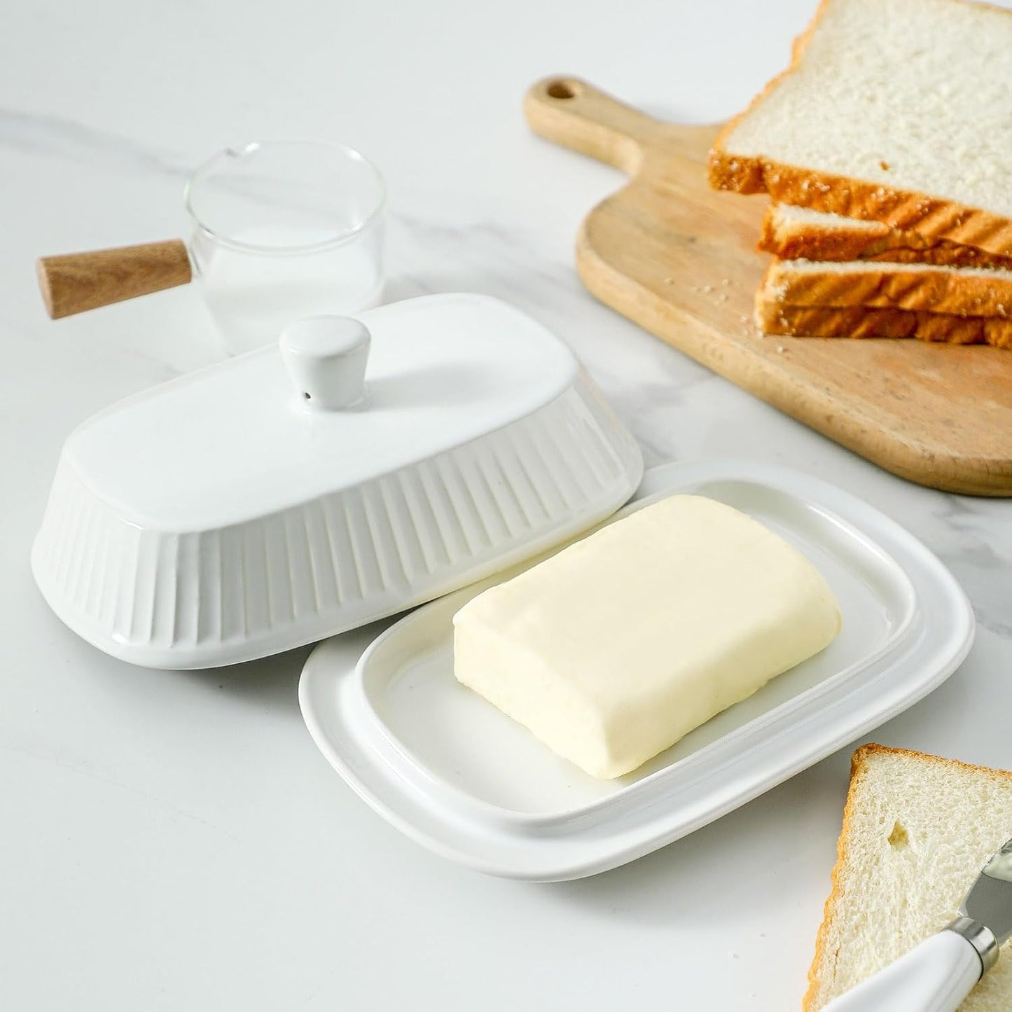Hansense Porcelain Butter Dish with Lid for Countertop, Ceramic Butter Keeper with Handle Cover, Butter Holder Container Perfect for East and West Coast Butter, Dishwahser Safe, White