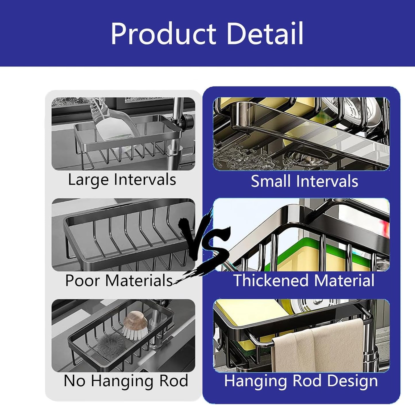 Kitchen Sink Faucet Organizer Multifunction Sponge Holder Organizer Sink Drain Holder Over Faucet Kitchen Sink Caddy with Hook Adjustable for 0.7-1.1inch Round Water Pipe (Black, S)