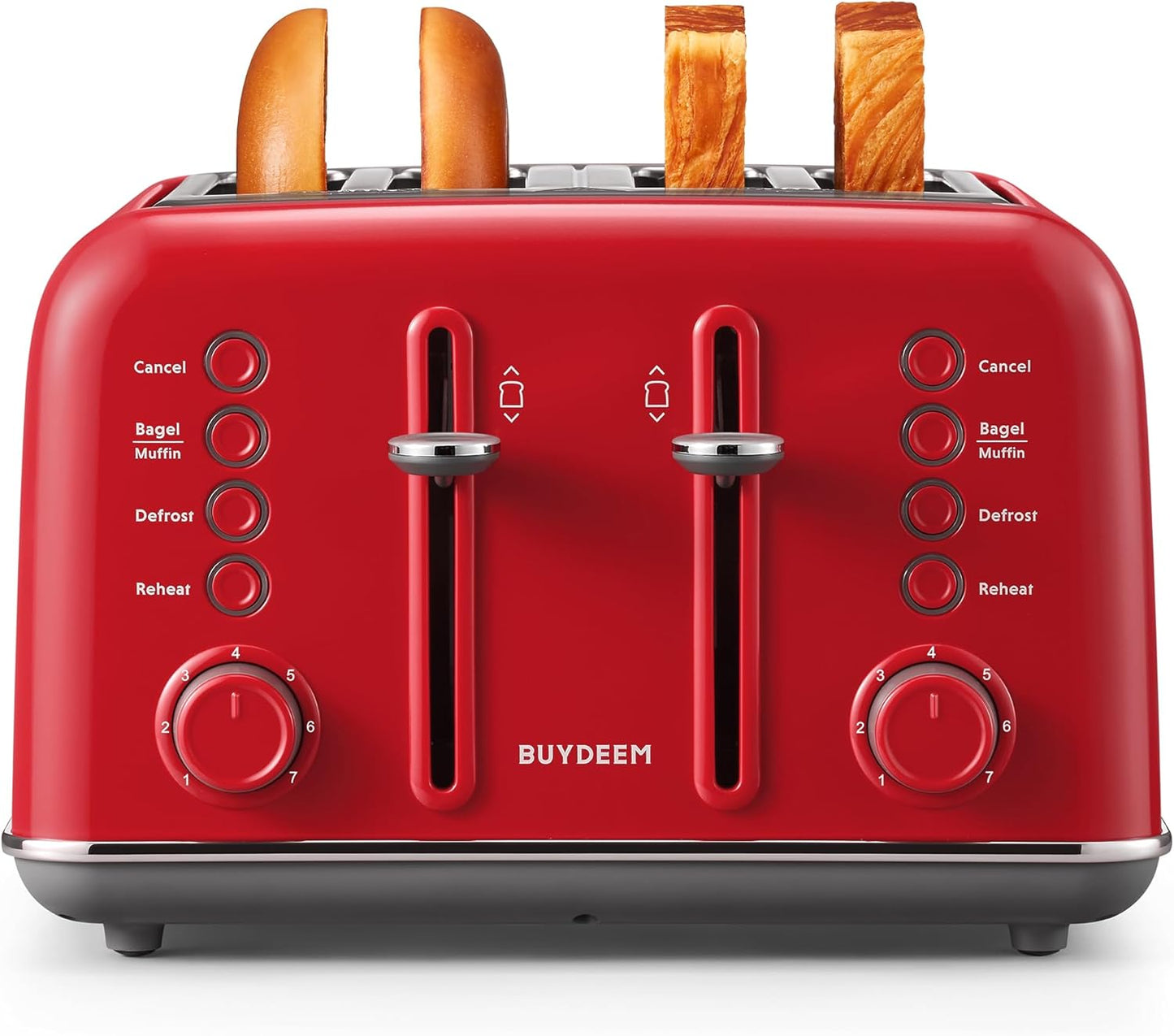 BUYDEEM DT640 4-Slice Toaster, Extra Wide Slots, Retro Stainless Steel with High Lift Lever, Bagel and Muffin Function, Removal Crumb Tray, 7-Shade Settings,Red