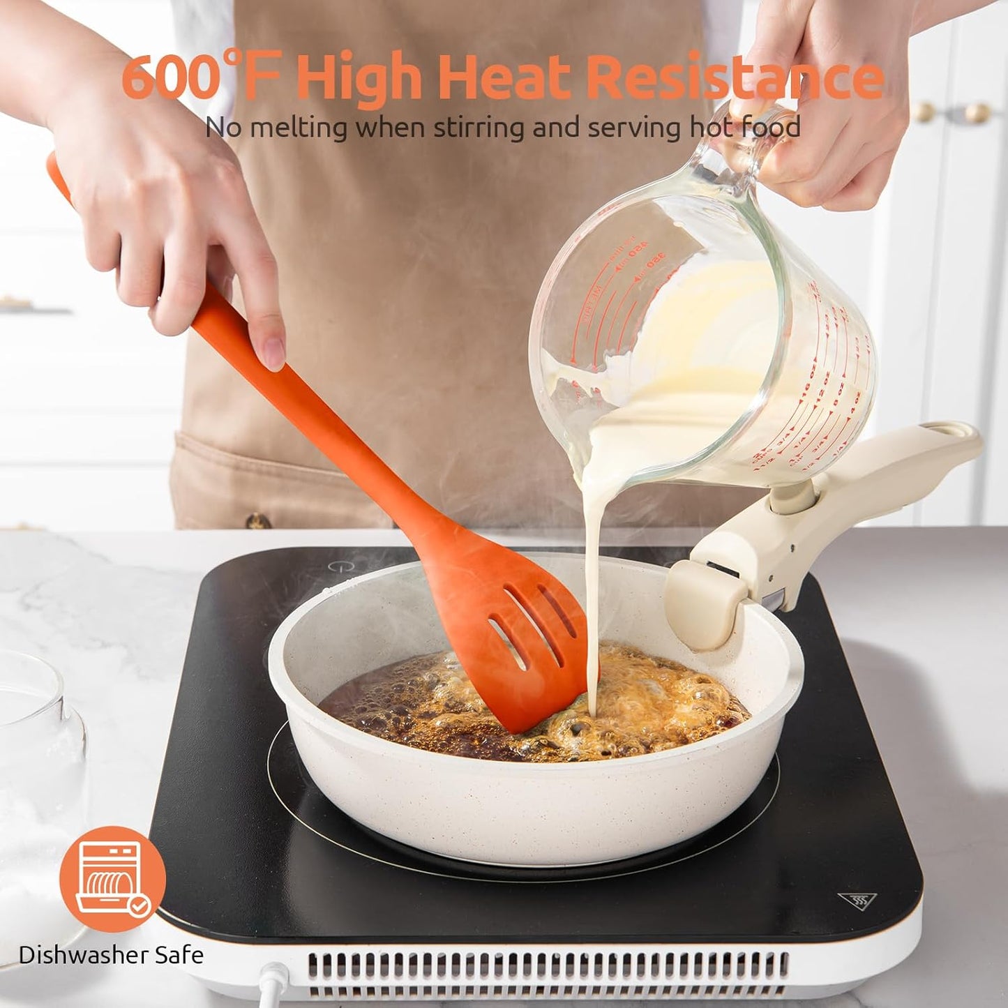 600ºF Heat Resistant Slotted Spoon: U-Taste 13.3in Solid Kitchen Cooking Spoon, Nonstick Food Grade Large & Long Rubber Utensil for Mixing, Serving, Stirring, Basting, Frying, Draining (Orange)