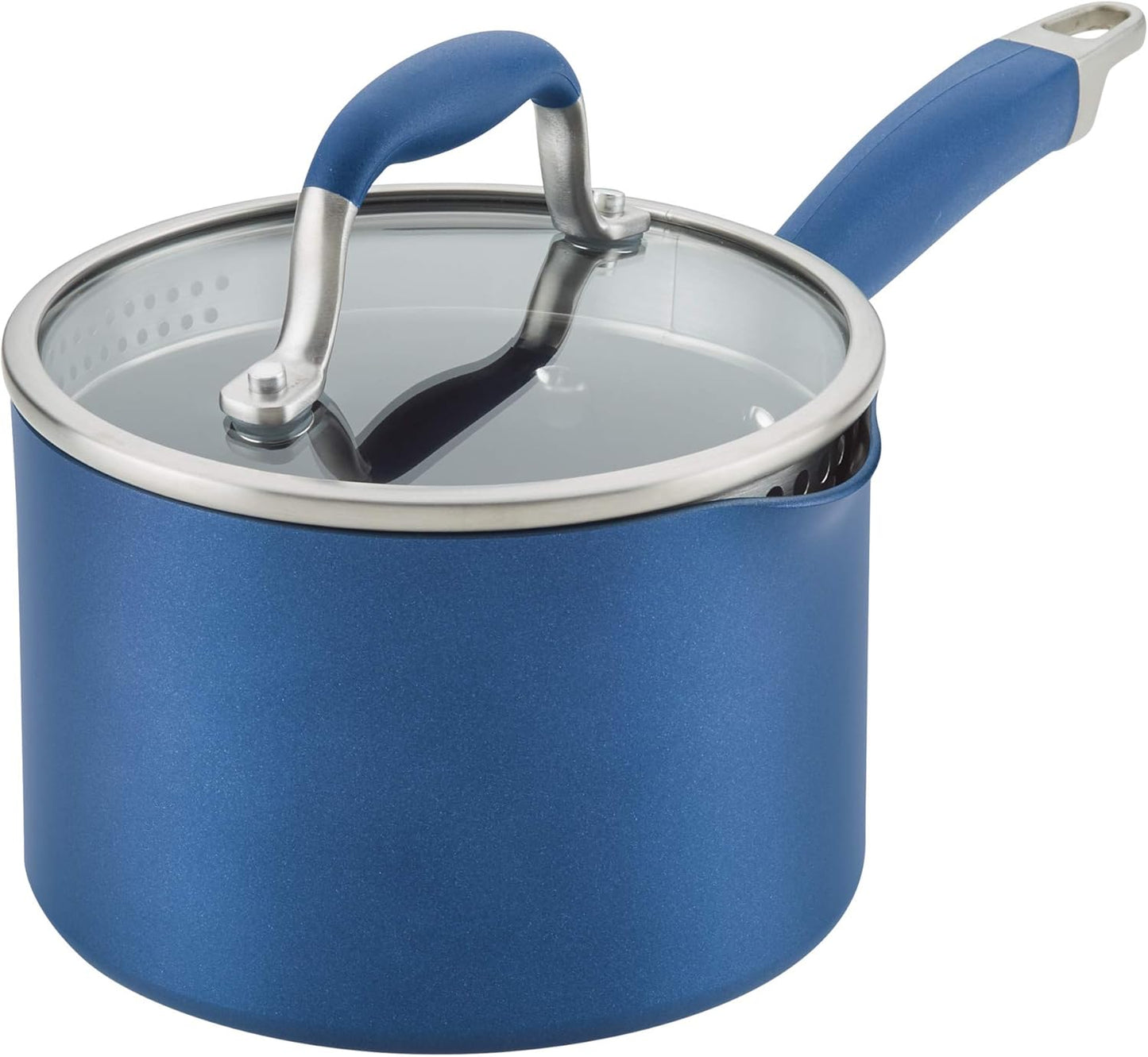 Anolon Advanced Home Hard Anodized Nonstick Sauce Pan/Saucepan with Straining and Lid, 2 Quart (2 Qt Straining Saucepan, Indigo)