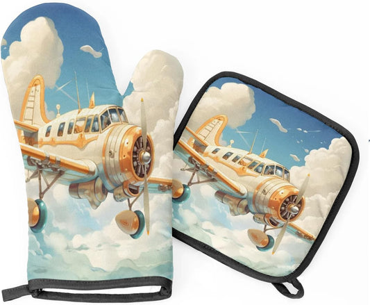 Airplanes Oven Mitts and Pot Holders Sets, 2 Pcs Decorative Kitchen Oven Glove for Cooking