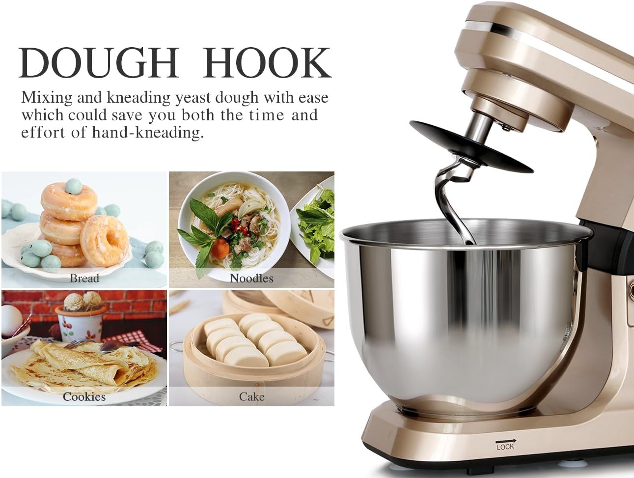 Stand Mixer,5.3-Qt & 500W & 6+P Speed MK36 Tilt-Head Kitchen Electric Food Mixers Home Baking Dough Machine with Accessories (Champagne)