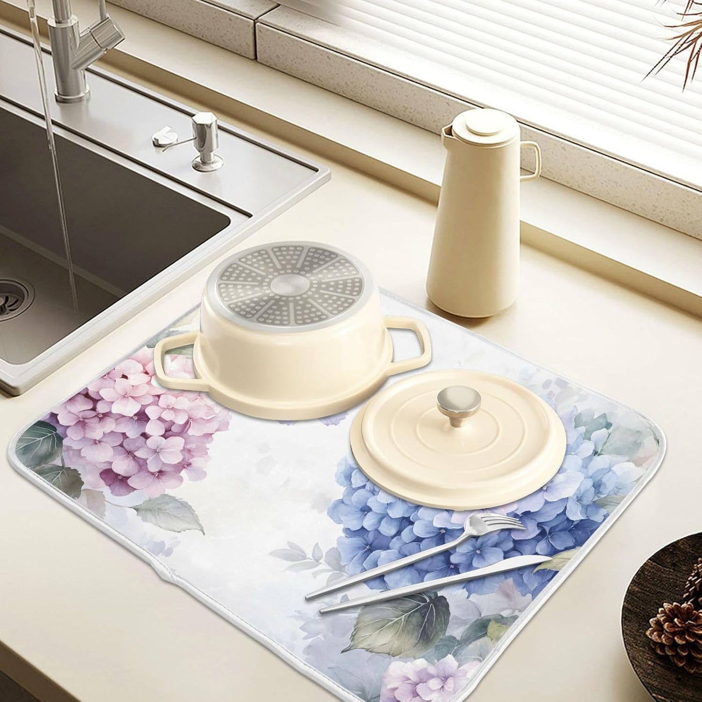 Blue Pink Hydrangea Spring Floral Dish Drying Mat for Kitchen Counter Absorbent Microfiber Large Drying Pad Dish mats for Kitchen Countertops 18 x 24 Inch