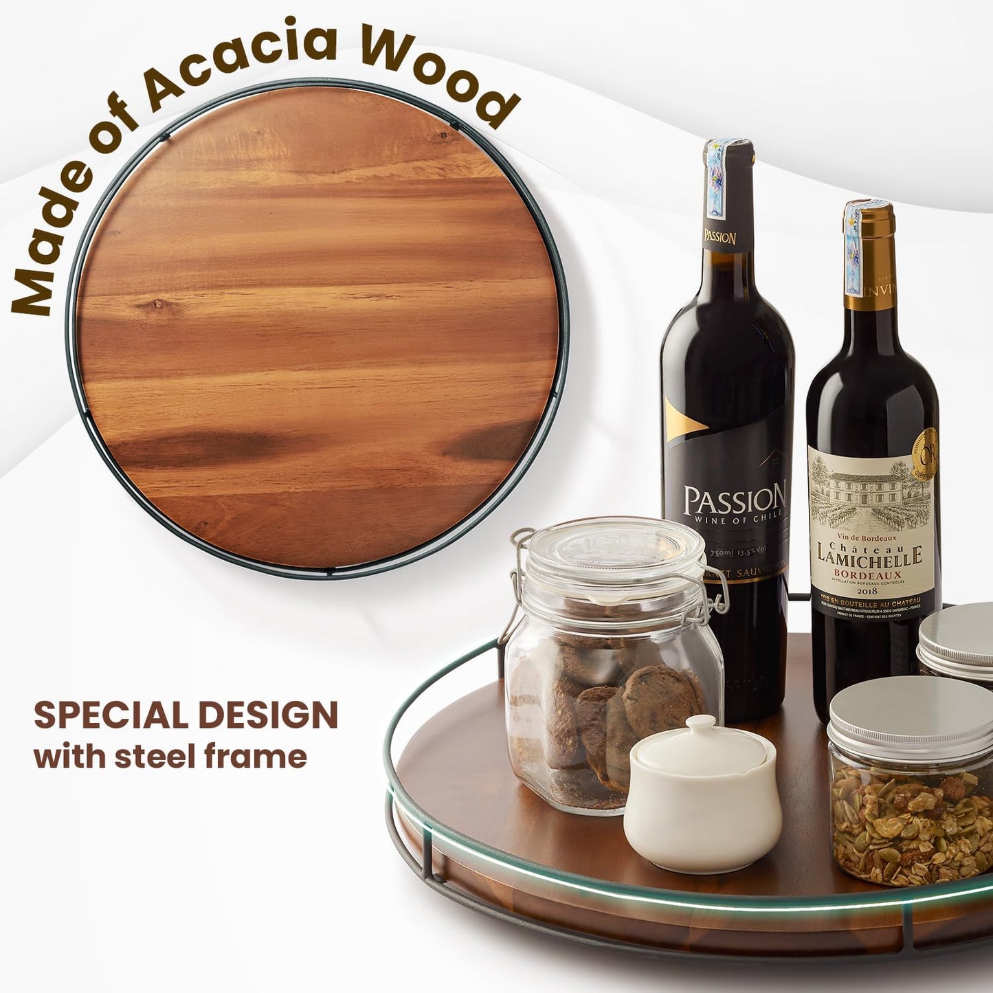 18" Acacia Wood Lazy Susan Turntable with Metal Frame - Large Brown Lazy Susans Organizer Countertop Storage - Wooden Serving Tray for Charcuterie Cheese Board - Kitchen Counter Rotating