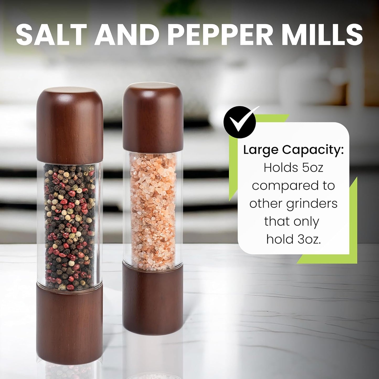 Salt and Pepper Grinder Set - Acrylic Salt and Pepper Grinders - Refillable Wooden Salt and Pepper Mill 8 inch Set of 2