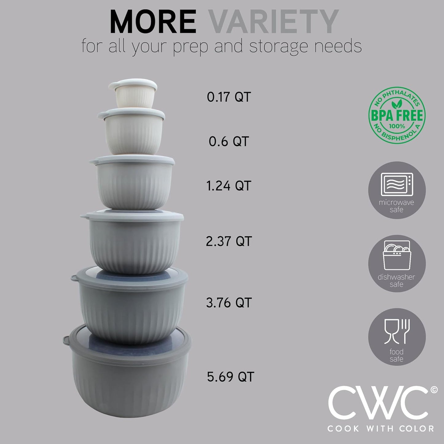 COOK WITH COLOR Prep Bowls with Lids- Wide and Deep Nesting Plastic Small Mixing Bowl Set with Lids, 12 Piece Set - Deep Bowls, Gray