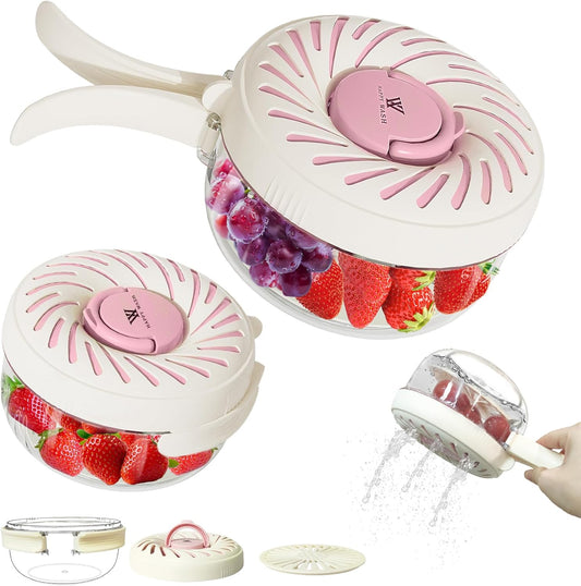 2 Pcs, Fruit Washing Bowl with Strainer, fruit strainer container with lid, Portable Fruit Colander with Collapsible Handle, Strawberries Container Salad Stir for Kitchen Picnic, Large & Small