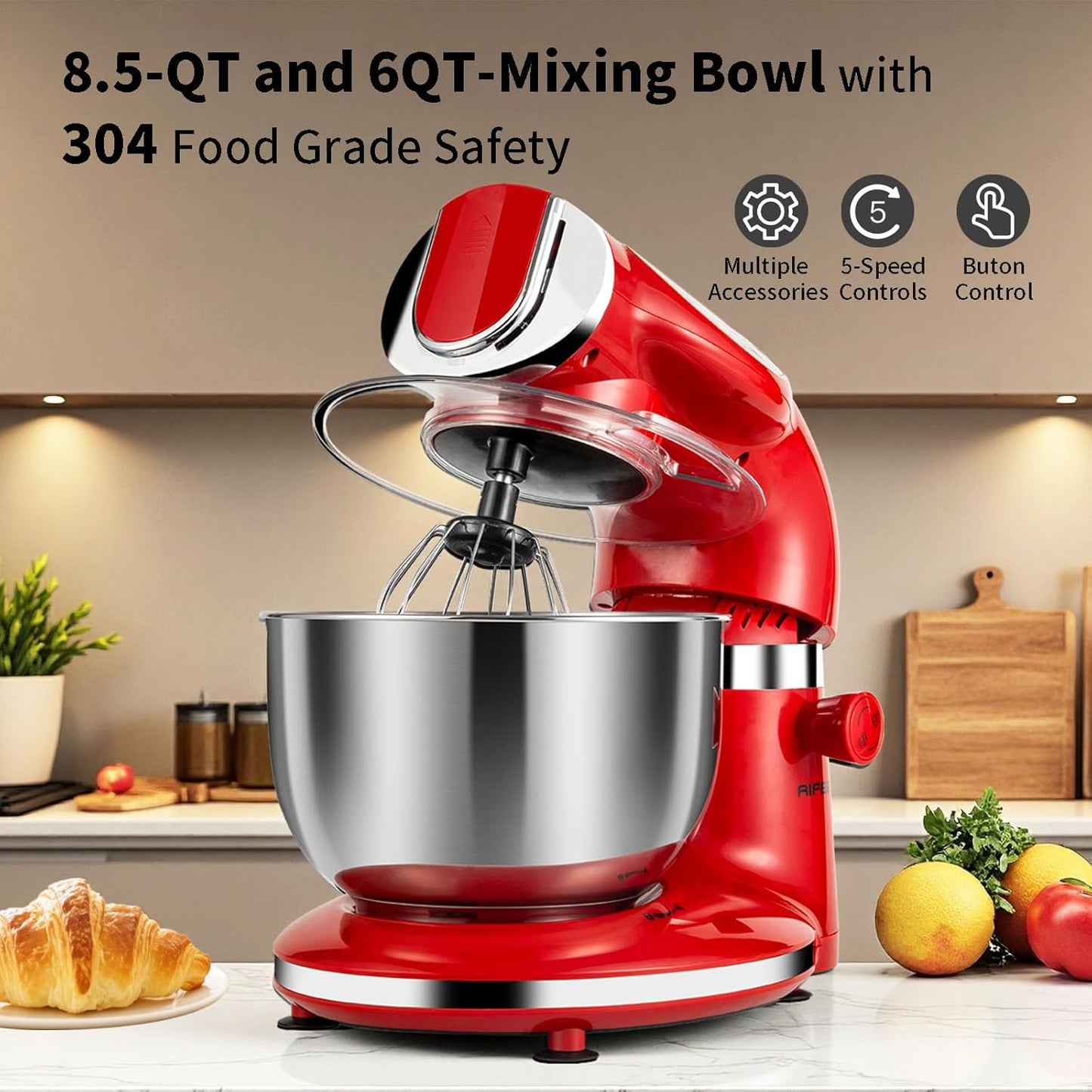 Aifeel Stand Mixer, 8.5QT+ 6QT Two Stainless Steel Bowls Electric Food Mixer, 7 in 1 Multifunctional Kitchen Mixer with Dough Hook, Whisk, Beater, Meat Grinder,Pasta & Cookie Maker-Red