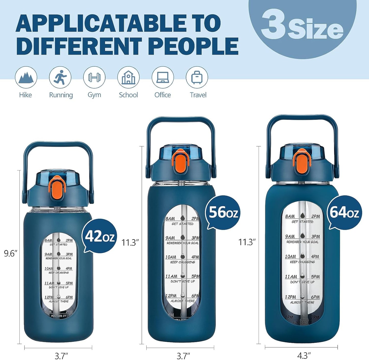 kytffu 42oz Glass Water Bottles with Straw, Motivational Glass Bottle with Silicone Sleeve and Time Marker, Leakproof Large Glass Water Jug for Gym Home Office,Blue