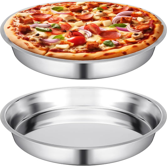 Nuogo 2 Pcs 16 Inch Large Deep Pizza Pans Stainless Steel Pizza Tray Round Oven Tray Rust Proof Reusable Bakeware Cooking Pan Dishwasher Safe for Baking, Serving, and Displaying Cookie Pie