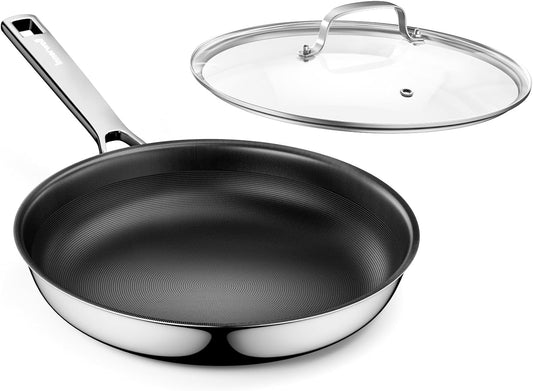 Nonstick Ceramic Frying Pan,11 Inch Stainless Steel Frying Pan Skillet with Glass Lid,Titanium Ceramics Egg Pan Omelet Pans,Kitchen Cooking Pan Compatible with All Cooktops