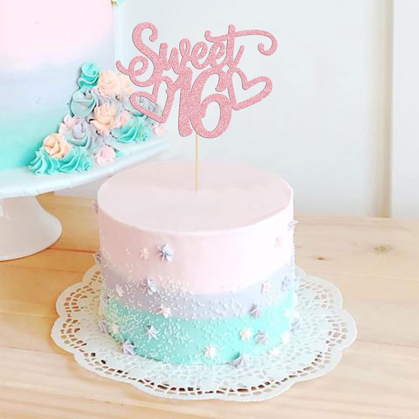 Gyufise 1Pc Sweet Teenager 16 Cake Topper Glitter 16th Birthday Cake Pick for Cheers to 16 Years Old 16th Birthday Party Cake Decorations Supplies Pink